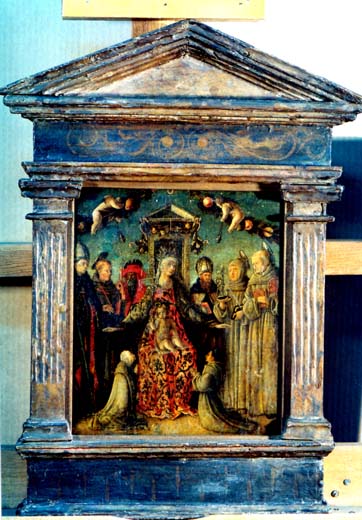 pictură - Zoppo, Marco; Madona cu Pruncul cu sfinţi şi donatori