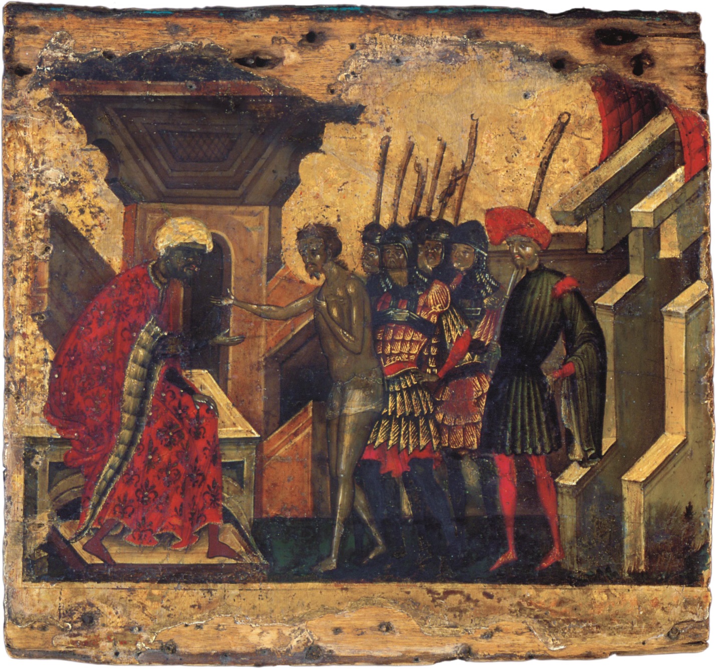 Icoană; Sfântul Ioan cel Nou în faţa eparhului (fragment din racla Sfântului Ioan cel Nou de la Suceava)