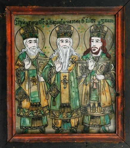 icoană pe sticlă; Sfinții Trei Ierarhi