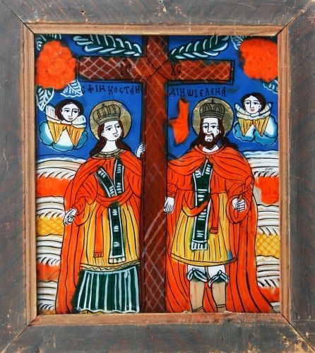 icoană pe sticlă; Sfinţii Împăraţi Constantin şi Elena