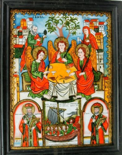 icoană pe sticlă - Moga, Savu; Sfânta Treime (Sfânta Troiță, Filoxenia, Cina de la Mamvri)