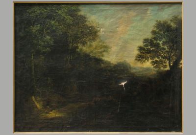 pictură de șevalet; Peisaj de pădure cu moară; pandant: Peisaj de pădure cu turn