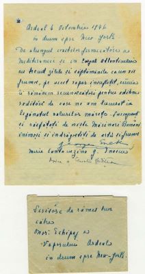 scrisoare - Maria Cantacuzino Enescu, George; Manuscris cuprinzând un mesaj de bun rămas scris de Maria Cantacuzino Enescu către echipajul vaporului „Ardealul”
