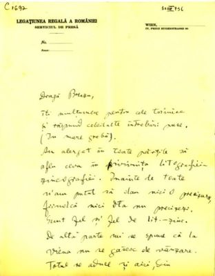 scrisoare - Blaga, Lucian; Blaga îi răspunde cererii lui Breazu de a se interesa de litografii și zincografii, la Viena