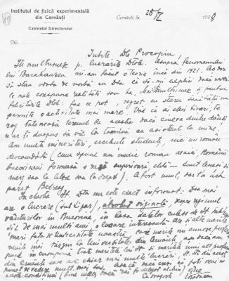 scrisoare - Eugen Bădărău; prof. Eugen Bădărău către prof. Procopiu