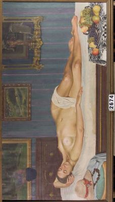 pictură de șevalet - Miess, Friedrich; Nud cu pălărie culcat într-un interior