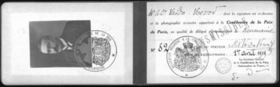 legitimație - Vaida Voevod, Alexandru; A. Vaida Voevod - delegat plenipotențiar din partea României la Conferința de Pace de la Paris, 1 aprilie 1919