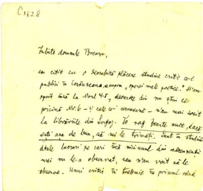 scrisoare - Blaga, Lucian; Lucian Blaga către Ion Breazu cu rugăminte de a-i trimite studiul asupra operei sale poetice publicat în rev. 
