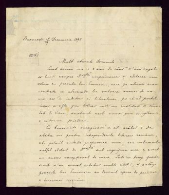 manuscris - Scrisoarea a fost redactată de Titu Maiorescu; Scrisoare datată „17/29 decembrie 1892, București“, adresată de Titu Maiorescu lui Ioan V. Socec