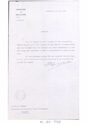 Legația Belgiei din București; Scrisoare oficială a Legației Belgiei din București către George Enescu