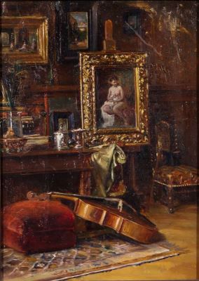 pictură de șevalet - Aman, Theodor; Interior cu violoncel