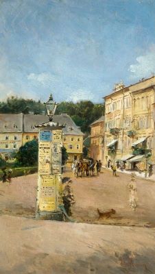 pictură de șevalet - Aman, Theodor; Piață cu turn de afișe. Verso: Colț de grădină