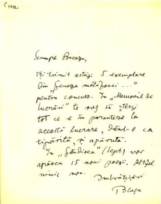 scrisoare - Blaga, Lucian; Blaga îi scrie lui Breazu că îi va trimite 5 exemplare din „Geneza metamorfozei” pentru concursul la Universitate