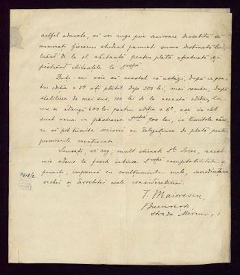 manuscris - Scrisoarea a fost redactată de Titu Maiorescu; Scrisoare datată „17/29 decembrie 1892, București“, adresată de Titu Maiorescu lui Ioan V. Socec