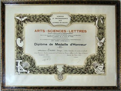 diplomă de onoare - Arte-Știință-Litere, Societate de Educație și Încurajare din Paris; Arts-Sciences-Lettres, Société d´Éducation et d´Encouragement (Arte-Știință-Litere, Societate de Educație și Încurajare) din Paris