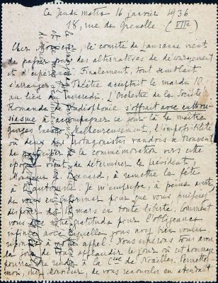 Photiadès, Constantin; Scrisoare adresată compozitorului Enescu, George de către Constantin Photiadès, Paris, 16 ianuarie 1936