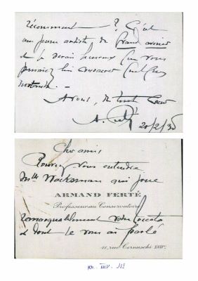 Armand Ferte; Carte de vizită aparținând lui Armand Ferte trimisă maestrului George Enescu