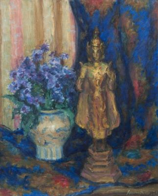 pictură de șevalet - Avakian, Hrandt; Flori albastre și statuetă