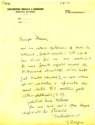 scrisoare - Blaga, Lucian; Blaga îl roagă pe Breazu să-i trimită „Dicționarul etimologic” a lui S. Pușcariu și îl informează despre lucrul la 