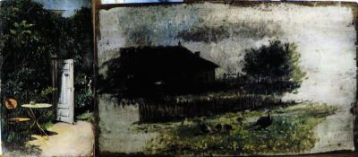 pictură de șevalet - Aman, Theodor; Portița din grădină/ verso: Schiță peisaj