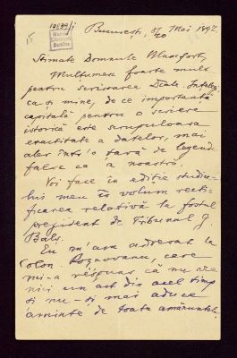 manuscris - Scrisoarea a fost redactată de Titu Maiorescu; Scrisoare datată „8/20 mai 1897, București“, adresată de Titu Maiorescu lui Alexandru Blancfort