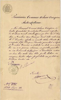 manuscris - Actul a fost redactat în cadrul Primăriei din Câmpina; Autorizație de construire a unei case emisă de Primăria comunei Câmpina, la data 22 iunie 1894, în beneficiul lui B.P. Hașdeu
