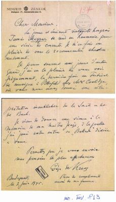 Geza Kresz; scrisoare trimisă de Geza Kresz lui George Enescu