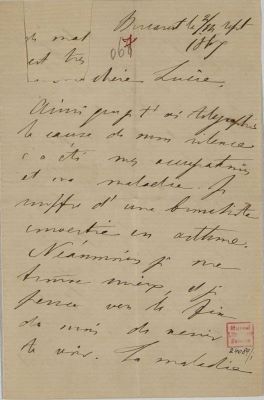 corespondență - Scrisoarea a fost redactată de M. Kogălniceanu.; Scrisoare datată „2/14 septembrie 1867, București“, adresată de Mihail Kogălniceanu fiicei sale Lucia
