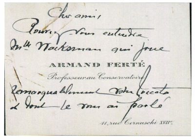 Armand Ferte; Carte de vizită aparținând lui Armand Ferte trimisă maestrului George Enescu