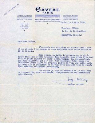 Marcel Gaveau; Scrisoare adresată compozitorului George Enescu de către Marcel Gaveau, proprietarul unei societăți care realiza piane și clavecine, Paris, 9 iunie 1948