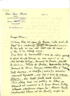 scrisoare - Blaga, Lucian; Blaga îi scrie lui Breazu despre ecoul piesei „Meșterul Manole” la Berna