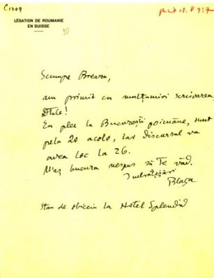 scrisoare - Blaga, Lucian; Blaga îl anunță pe Breazu ca va pleca la București pentru festivitatea de primire în Academia Română
