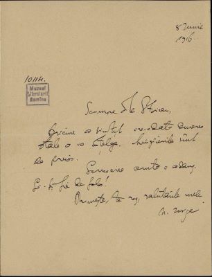 corespondență - Scrisoarea a fost redactată de Nicolae Iorga.; Scrisoare datată „8 iunie 1916“, adresată de Nicolae Iorga lui I. I. Stoican.