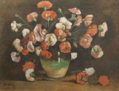 pastel - Luchian, Ștefan; Garoafe roșii și albe (Flori în ulcică verde)
