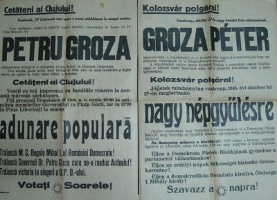 Manifest; Chemarea cetățenilor Clujului la Adunarea Populară de întâlnire cu guv. P. Groza, 27 oct. 1946, cu îndemnul „Votați Soarele”