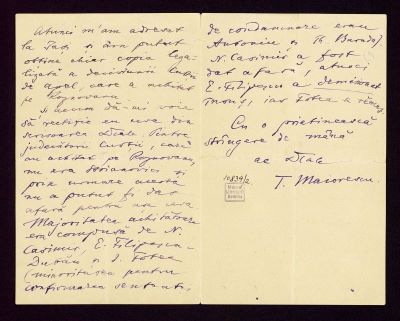 manuscris - Scrisoarea a fost redactată de Titu Maiorescu; Scrisoare datată „8/20 mai 1897, București“, adresată de Titu Maiorescu lui Alexandru Blancfort