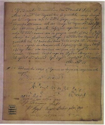 manuscris - Document redactat la Ceptura de un funcționar al primăriei.; Zapis prin care Costandin Onuțu vinde lui Păun, fiul lui Achim, două pogoane de vie cu obrație.