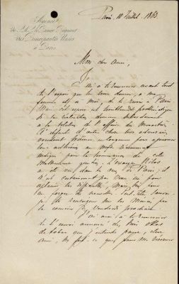corespondență - Scrisoarea a fost redactată de Iancu Alecsandri; Scrisoare datată „10 iulie 1863, Paris“, adresată de Iancu Alecsandri lui Costache Negri