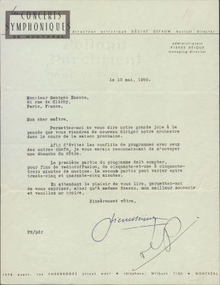 Scrisoare trimisă compozitorului Enescu, George de către Pierre Béique, administrator al Societății „Les Concerts Symphoniques de Montreal‟