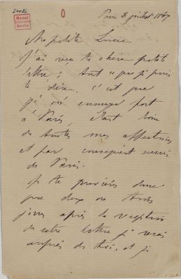 Scrisoarea a fost redactată de M. Kogălniceanu; Scrisoare datată „8 iulie 1867, Paris‟, adresată de Mihail Kogălniceanu fiicei sale Lucia