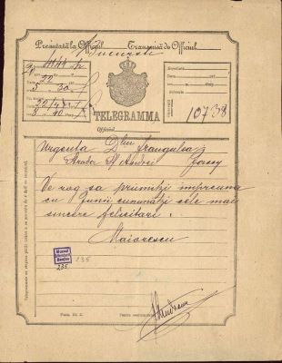Telegrama a fost redactată de Titu Maiorescu; Telegramă datată „22 aprilie 1877“, expediată de Titu Maiorescu domnului Frangulea din Iași