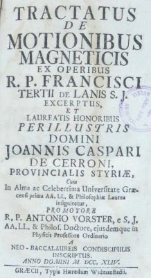 carte veche - Lana Terzi, Francesco (autor); Tractatus de motionibus magneticis