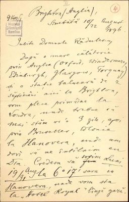 Scrisoarea a fost redactată de Titu Maiorescu; Scrisoare (cu plic) datată „Sâmbătă, 10/22 august 1896, Brighton (Anglia)“, adresată de Titu Maiorescu lui Ion A. Rădulescu