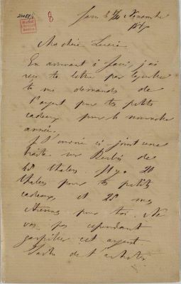 Scrisoarea a fost redactată de M. Kogălniceanu; Scrisoare datată „8/20 noiembrie 1867, Iași‟, adresată de Mihail Kogălniceanu fiicei sale Lucia