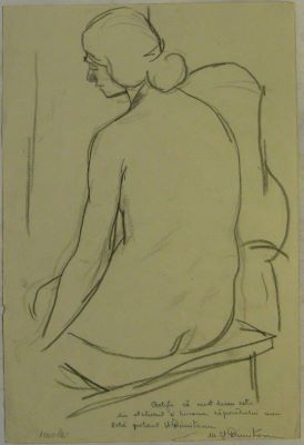desen - Dimitrescu, Ștefan; Nud cu spatele (Nud de femeie așezată); Verso: Schiță de nud de femeie