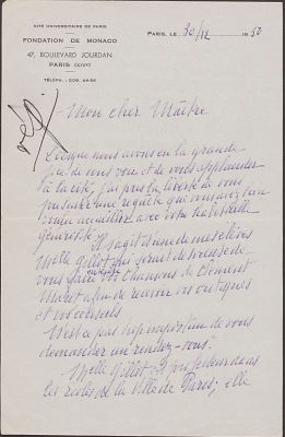 Scrisoare trimisă de soprana Charlotte Mellot-Joubert lui George Enescu