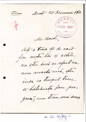Scrisoare trimisă de Costache Enescu fiului său George Enescu