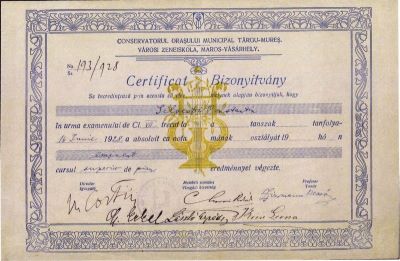 Certificat de absolvire a Conservatorului orașului municipal din Târgu-Mureș, eliberat pe numele lui Constantin Silvestri