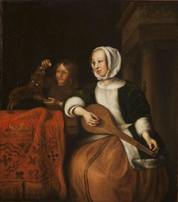 pictură de șevalet - anonim; Femeie acodând o ceteră