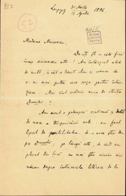 Scrisoarea a fost redactată de Ion A. Rădulescu; Scrisoare datată „31 martie/12 aprilie 1896, Leipzig‟, adresată Annei Maiorescu de Ion A. Rădulescu